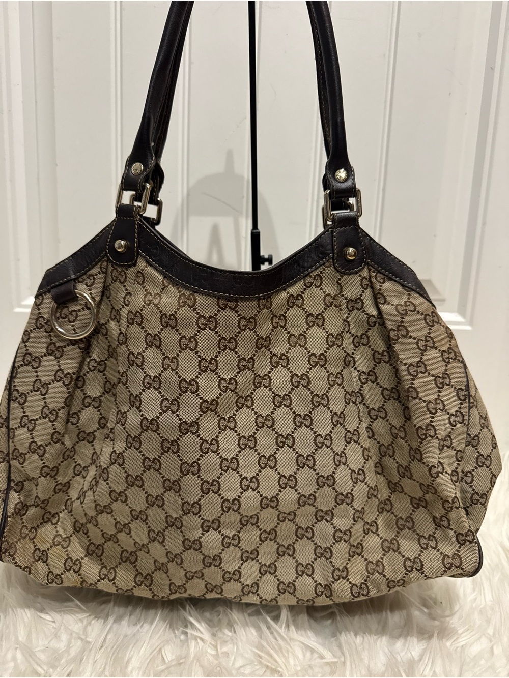 Gucci Brown Leather Trim Beige GG Canvas Shoulder Bag